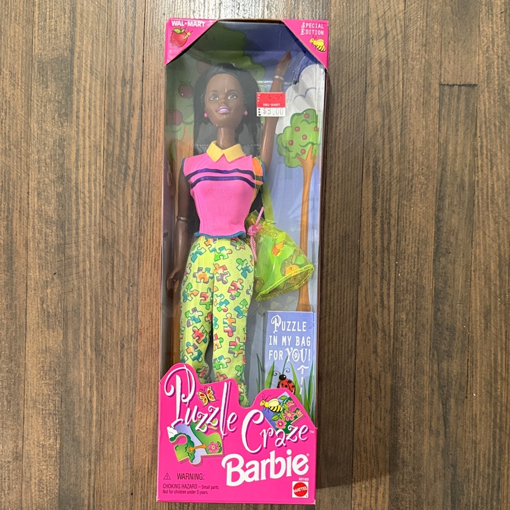 1998 puzzle craze Mattel Barbie in Bright Pink Top with Puzzle-Print Green Pants
